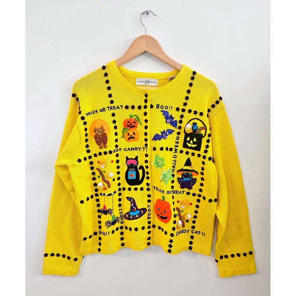 Marisa Christina Halloween Cardigan Sweater Large Yellow Pumpkin Owl NWT Vintage